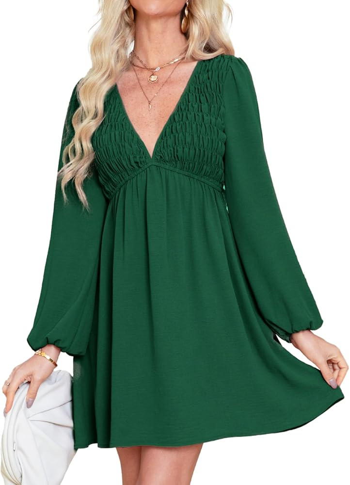 BerryGo Women's Casual Long Sleeve Babydoll Flowy Dress V Neck Swing Party Mini Dress with Pocket... | Amazon (US)