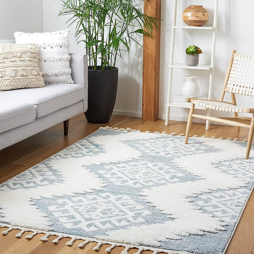 SAFAVIEH Moroccan Tassel Shag Collection Area Rug - 6'7" x 9'2", Teal & Ivory, Rustic Trellis, No... | Amazon (US)