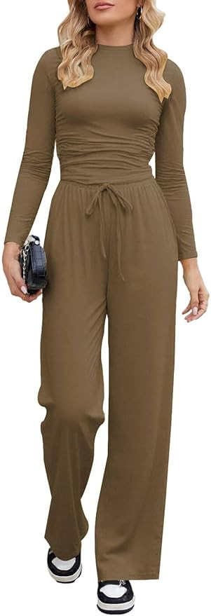 Nimsruc Womens 2 Piece Lounge Sets 2025 Ruched Long Sleeve Tops Wide Leg Pant Sets Tracksuit Autu... | Amazon (US)