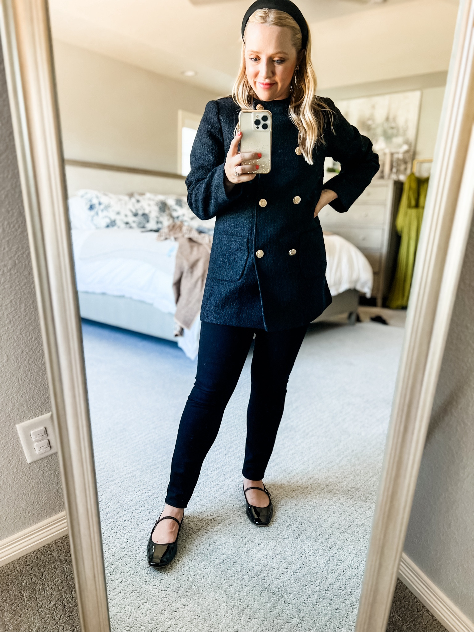Love this black tweed jacket and the the double breasted style. Petite sizes and fits tts. Suggest a size up in the black skinny jeans (I’d go a 27 to a 28) Mary Jane’s fit tts. 
Petite, fall outfit, coat, tweed, black jeans, jeans, fall outfits, loft, fall jacket, tweed jacket 

#LTKSaleAlert