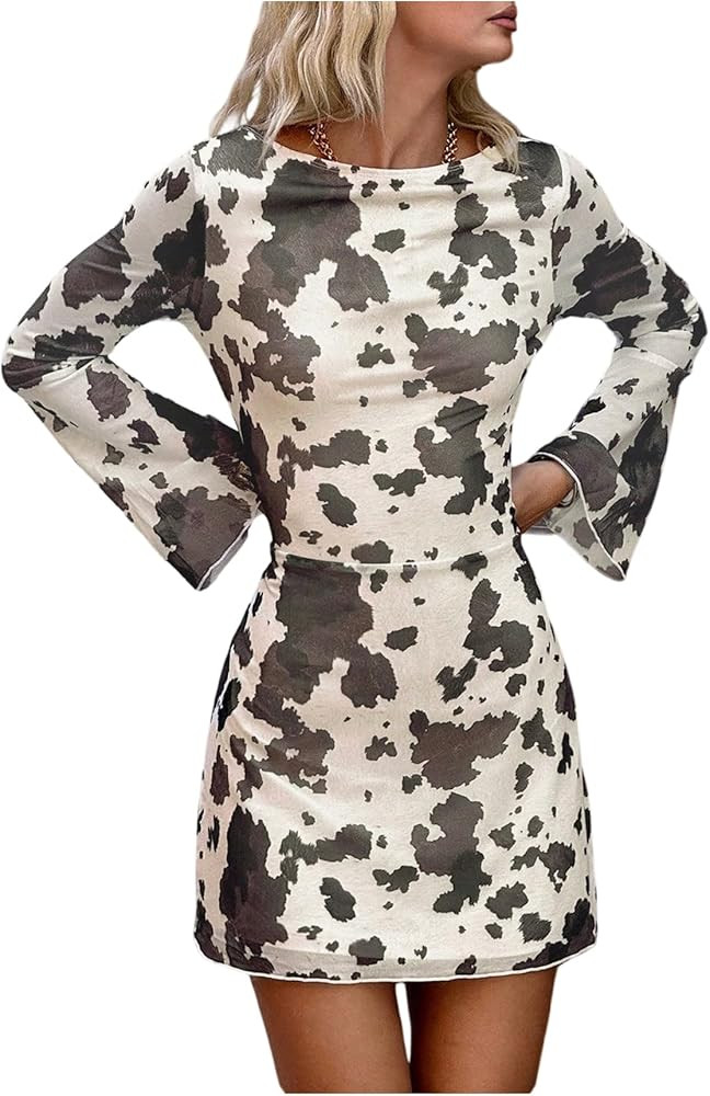 MakeMeChic Women's Cow Print Mini Dress Crew Neck Tie Open Back Long Sleeve Fall Y2K Dresses | Amazon (US)