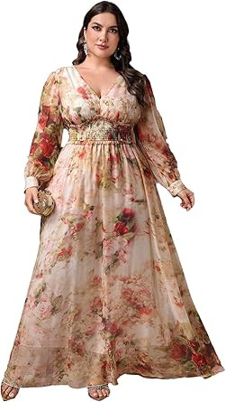 Spring Summer 2026 Plus Size Womens Dresses V Neck Casual Elegant Long Sleeve Floral Print Maxi D... | Amazon (US)