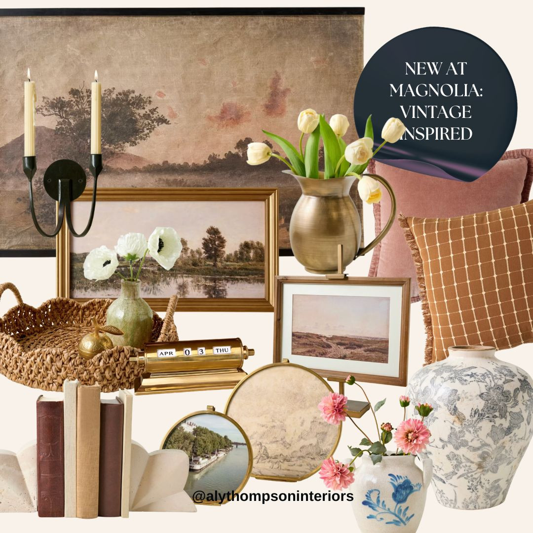 Vintage Inspired Decor | Home Decor Magnolia McGee and Co | Vintage Modern / Interior Design | Vase | Framed Art | Tapestry Throw Pillows | Bookends | Faux Flowers
Sconces 

 #LTKWatchNow #LTKHome #LTKSaleAlert