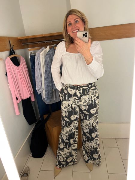 Floral navy wide leg pants and square neck gauzy top are spring must haves! Pants run roomy and long. Top runs tts. Elastic at neck, cuffs and hem of top. 

#LTKstyletip #LTKFind #LTKSale