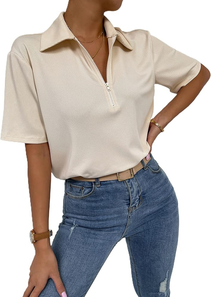 Verdusa Women's Zip Up Front Short Sleeve Polo Shirt Ribbed Tee Top | Amazon (US)