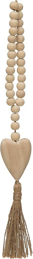 Creative Co-Op Paulownia Wood Beads with Heart Pendant & Jute Tassel Garland, Cream | Amazon (US)