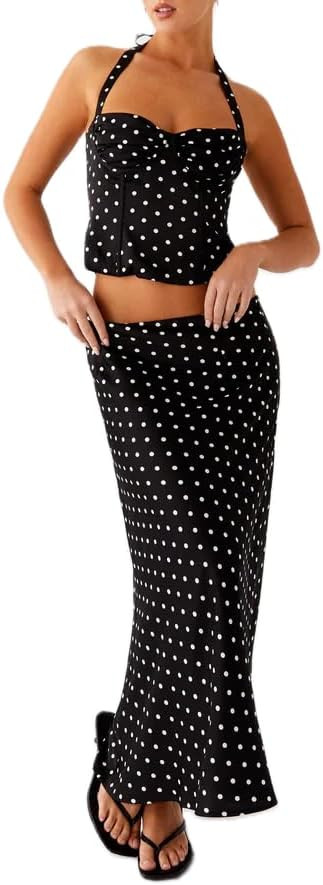 Women Polka Dot Skirts Set Sleeveless Halter Neck Slim Fit Crop Top Bodycon Maxi Skirt Sets Summe... | Amazon (US)