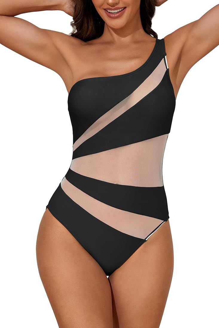 B2prity Women's One Piece Swimsuits One Shoulder Cut Out Bathing Suit Tummy Control Colorblock Me... | Amazon (US)