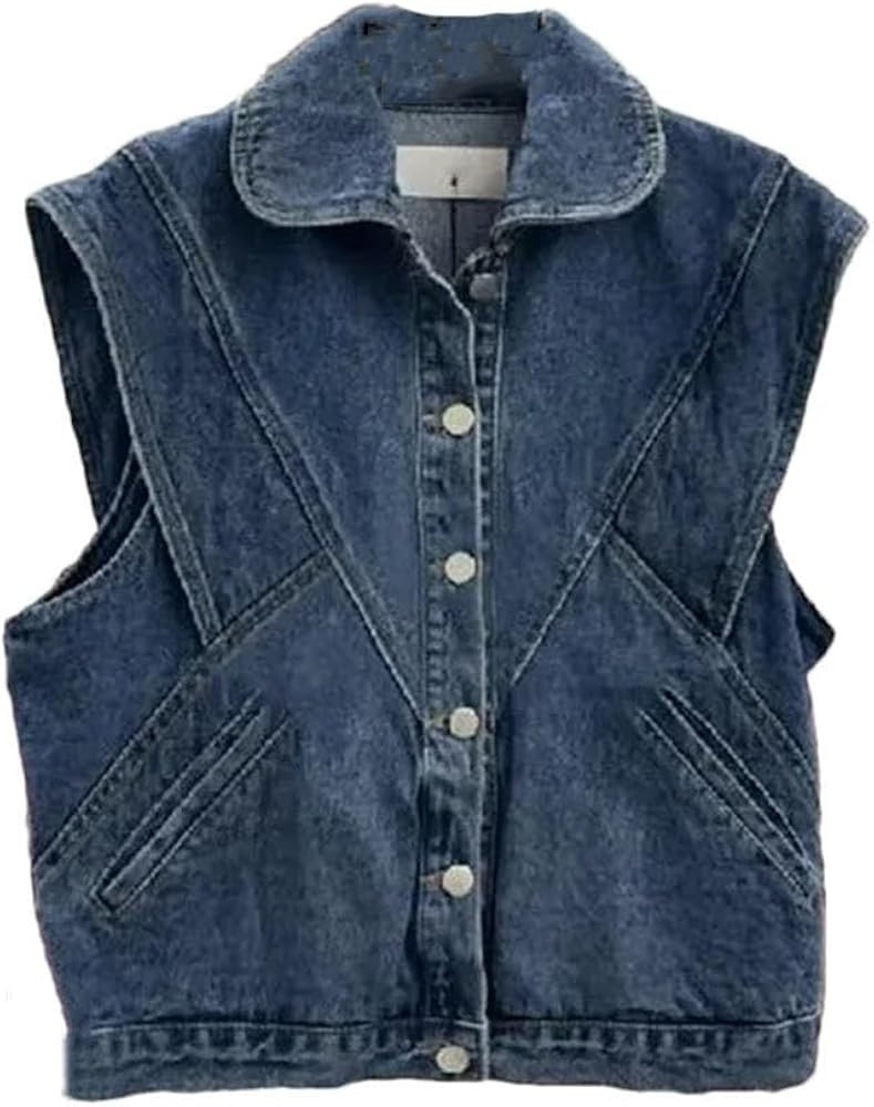 Women Denim Vest Lapel Casual Button Sleeveless Solid Color Tank Vintage Waistcoat with Pockets | Amazon (US)