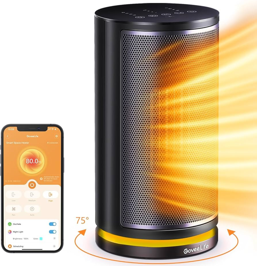 GoveeLife Smart Space Heater, Electric Space Heater with Thermostat, Wi-Fi & Bluetooth App Control, Works with Alexa & Google Assistant, 1500W Ceramic Heater for Bedroom, Indoors, Office, Living Room | Amazon (US)
