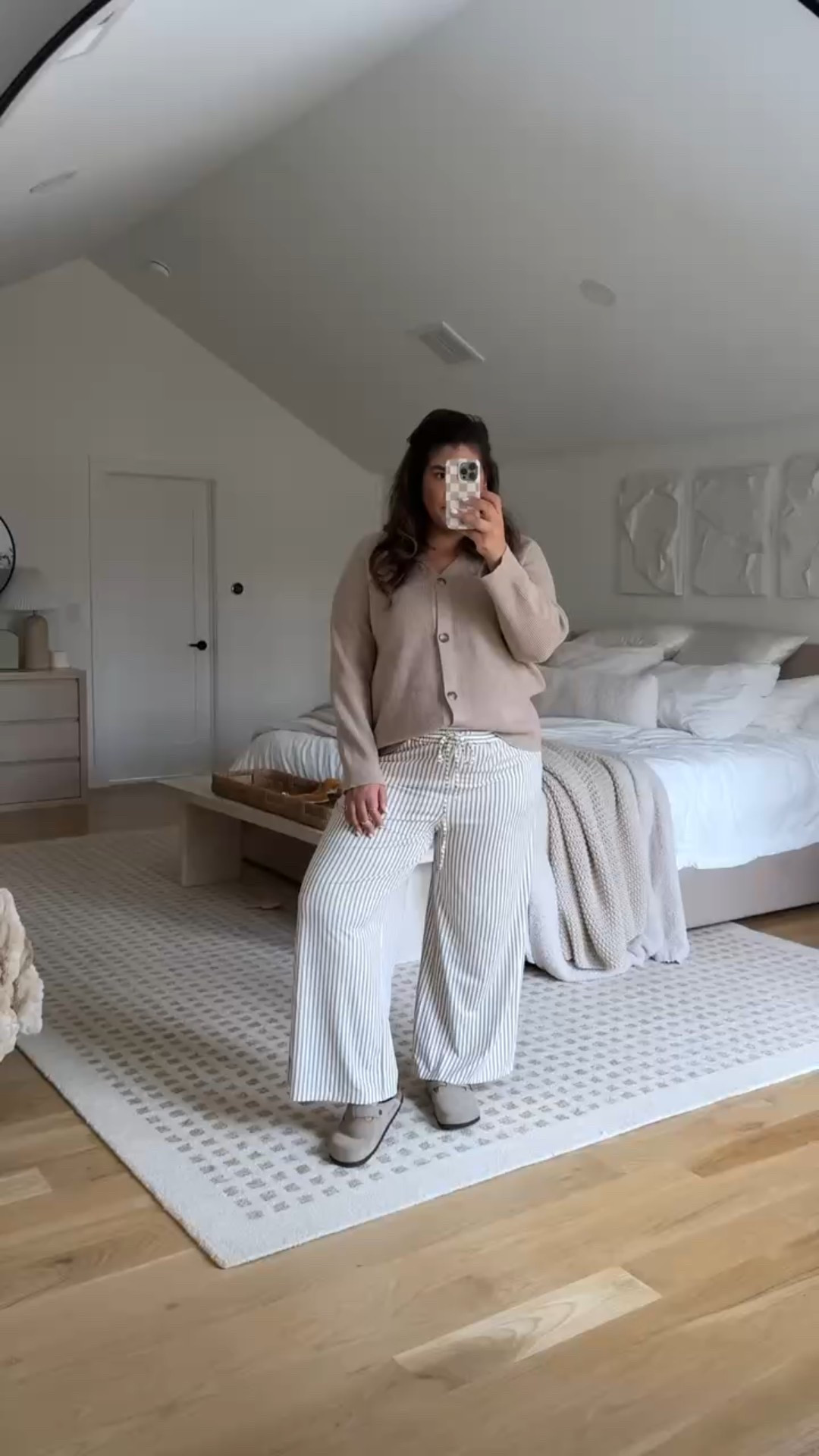 midsize ootd — just relaxed at home in my comfy striped pants and cozy cardigan, perfect for lounging! I’m 5’9” size 12/XL & 23 weeks pregnant wearing a size XL in sweater & XL in pants 

#LTKBump #LTKootd #LTKMidsize