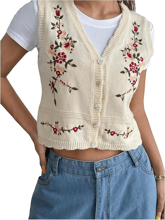WDIRARA Women's Floral Embroidered Button Down Sweater Vests Sleeveless V Neck Crop Knit Tops | Amazon (US)