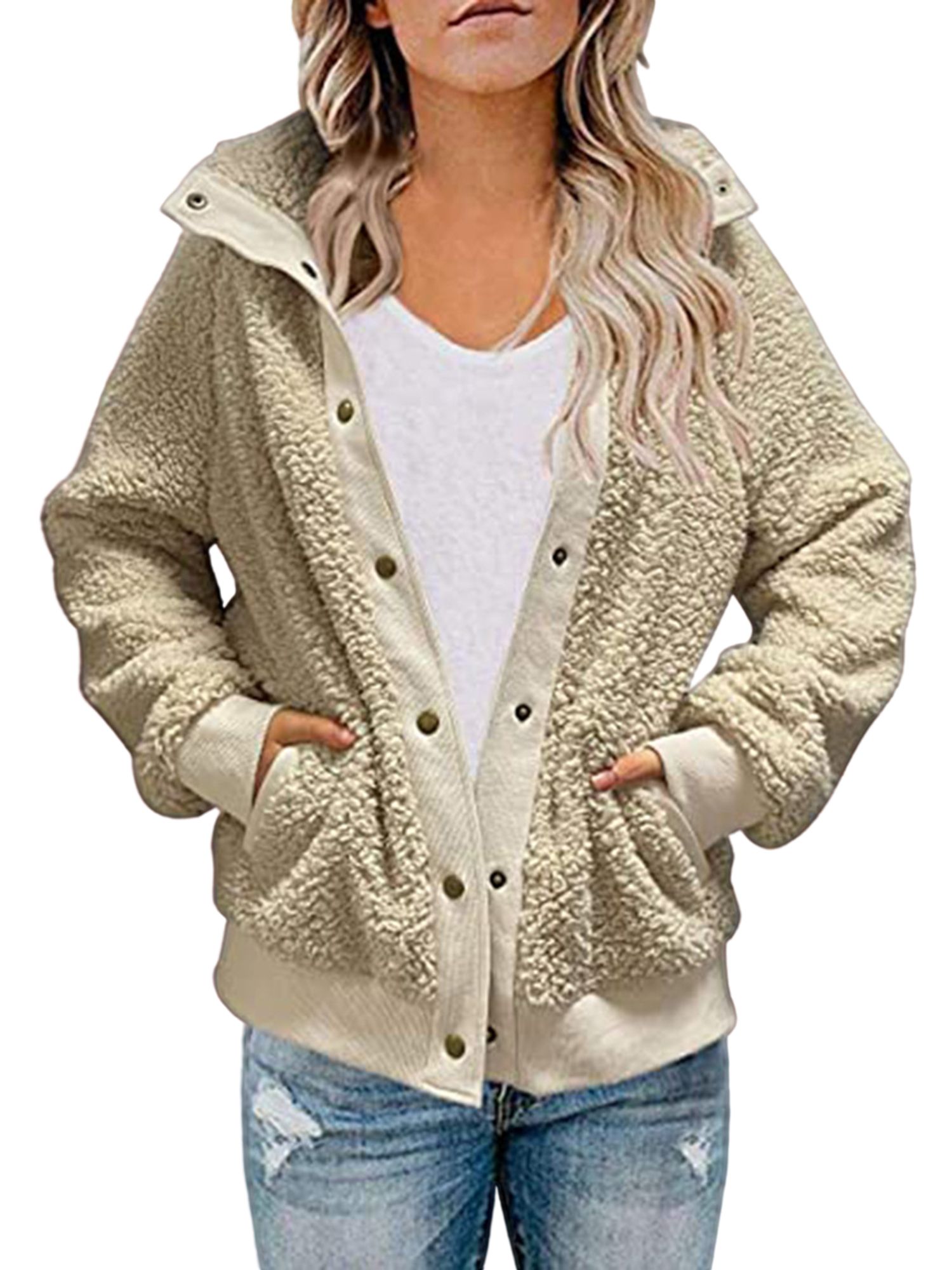 MAWCLOS Winter Sherpa Jacket for Women Lapel Outerwear Plush Coat Button Down Jacket with Pockets... | Walmart (US)