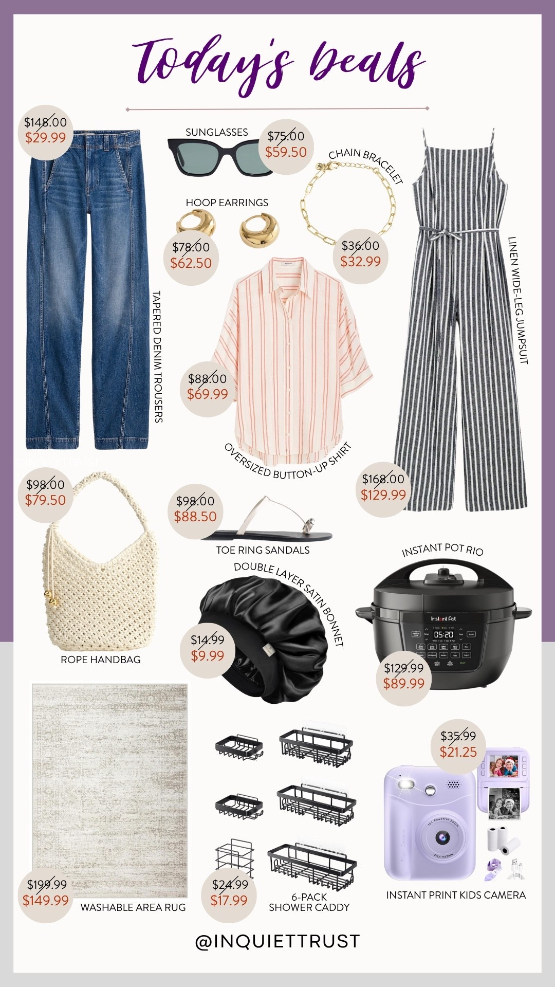 Today's deals are packed with fantastic finds! Whether you're eyeing that tapered denim trousers, the oversized striped button-up shirt, the linen wide-leg jumpsuit, and the trendy rope handbag, or thinking of treating yourself to some hoop earrings, or making meal prep easier with the Instant Pot Rio, it's surely a great find for you. Don't forget the fun instant print kids camera for the little ones! Use code SUMMERTIME to enjoy an extra 30% off clothing, bag, sandals, sunnies, and jewelry.
#summerlooks #fashionaccessories #bathroomessentials #kitchenappliance

#LTKSeasonal #LTKSaleAlert #LTKStyleTip