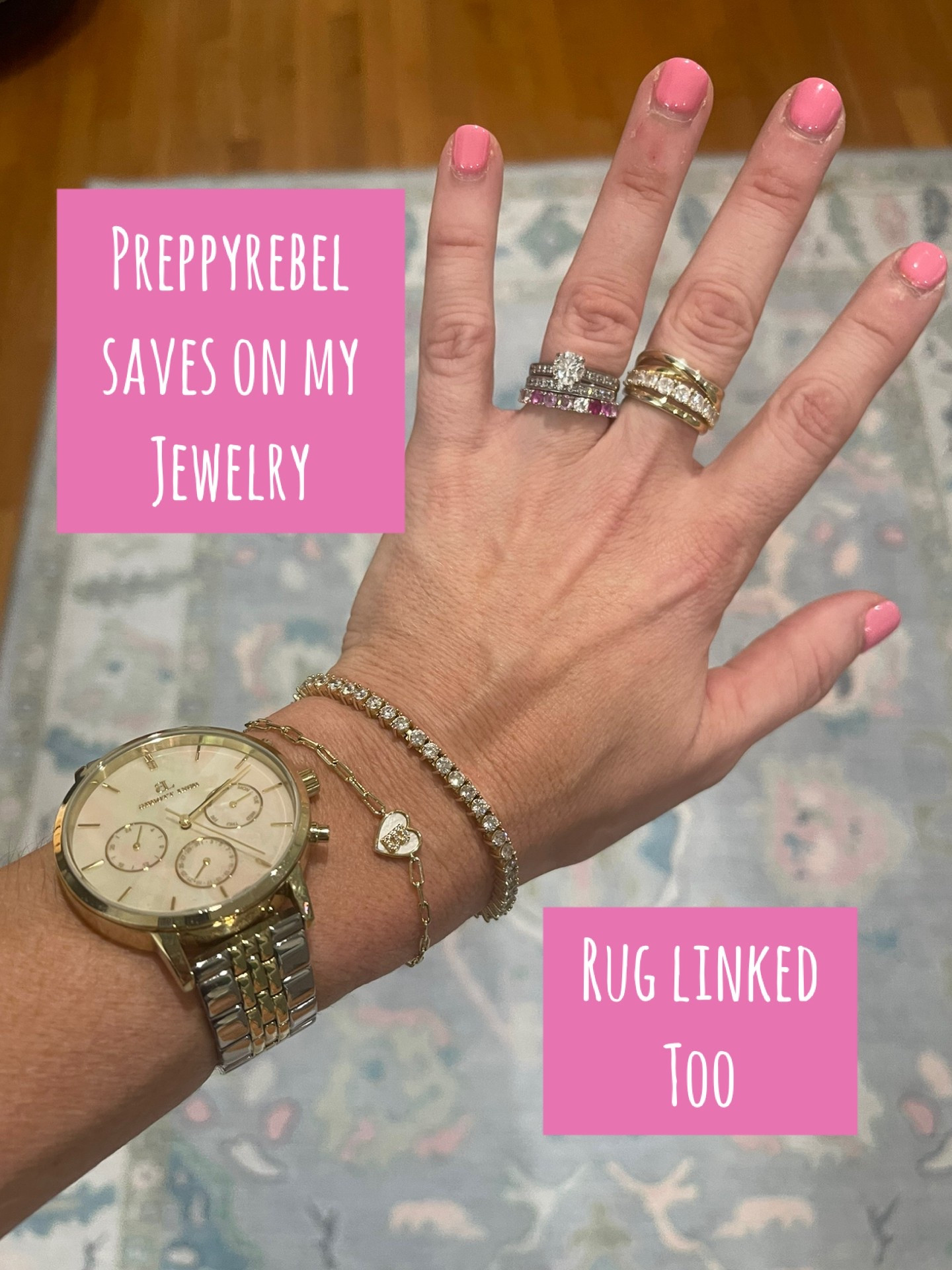 Save on my stack with code PREPPYREBEL at Melinda Maria Jewelry!
I layered my fave gold and diamond-inspired pieces for a glam everyday look—this heart bracelet and tennis style sparkle just right! Use my code to treat yourself or gift someone special!

Watch is an elegant mixed-metal style, perfect for everyday wear.
Rings are a mix of personal and statement stacks.
Bracelets are from Melinda Maria – PREPPYREBEL saves!

Rug is from Fame Rugs and yes—it’s washable! Soft pastels and subtle patterning make it perfect for high-traffic spaces like playrooms or living rooms.

Linked everything right here!

#melindamaria #everydayjewelry #braceletstack #watchstack #affordableluxury #homedecorfinds #washablerug #famerugs #preppystyle #ltkhome #ltkjewelry


#LTKHome #LTKFindsUnder100 #LTKSaleAlert