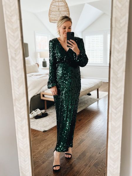 Long sleeve sequin maxi holiday dress. Love the green color and its under $150 // I’m 20wks wearing size small and it fits the bump but probably wouldn’t fit too well later on in pregnancy 

holiday outfit, pregnancy, bump friendly, holiday party dress 

#LTKbump #LTKHoliday #LTKparties