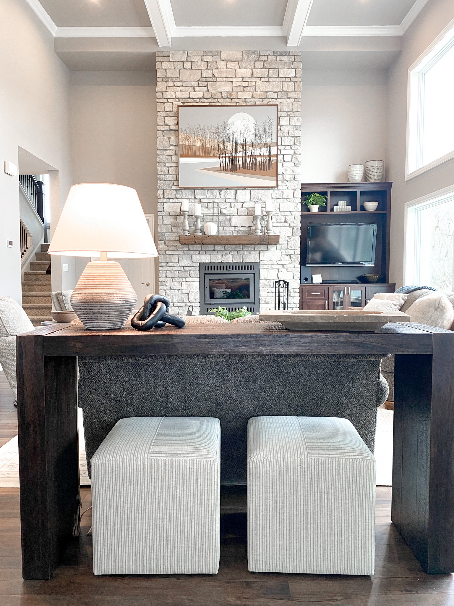 Sofa table styling
Modern rustic living room style 
Stone fireplace

#LTKhome