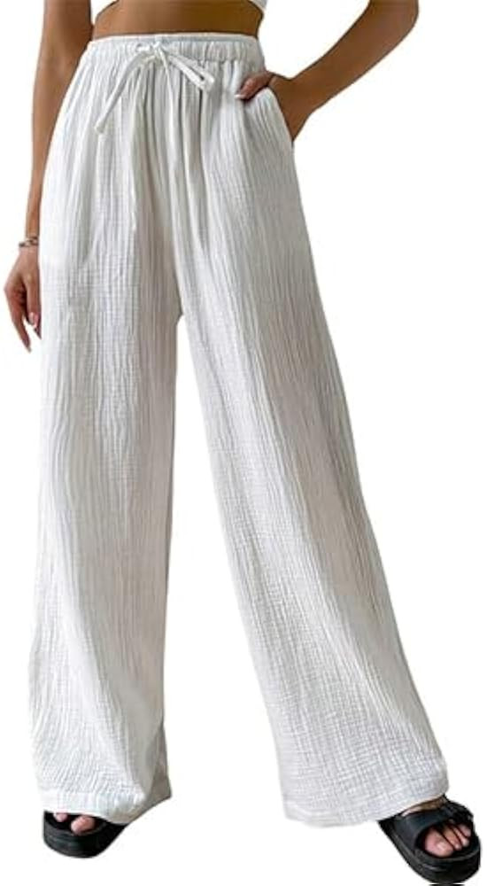 Women High Waisted Crinkle Straight Wide Leg Loose Casual Long Pants​ | Amazon (US)