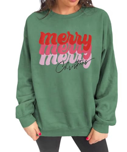 KEKEMI Women Merry Christmas Crewneck Sweatshirt Merry Graphic Shirt Long Sleeve Merry Xmas Pullover Tops Cute Holiday Outfit (Green,Small) | Amazon (US)