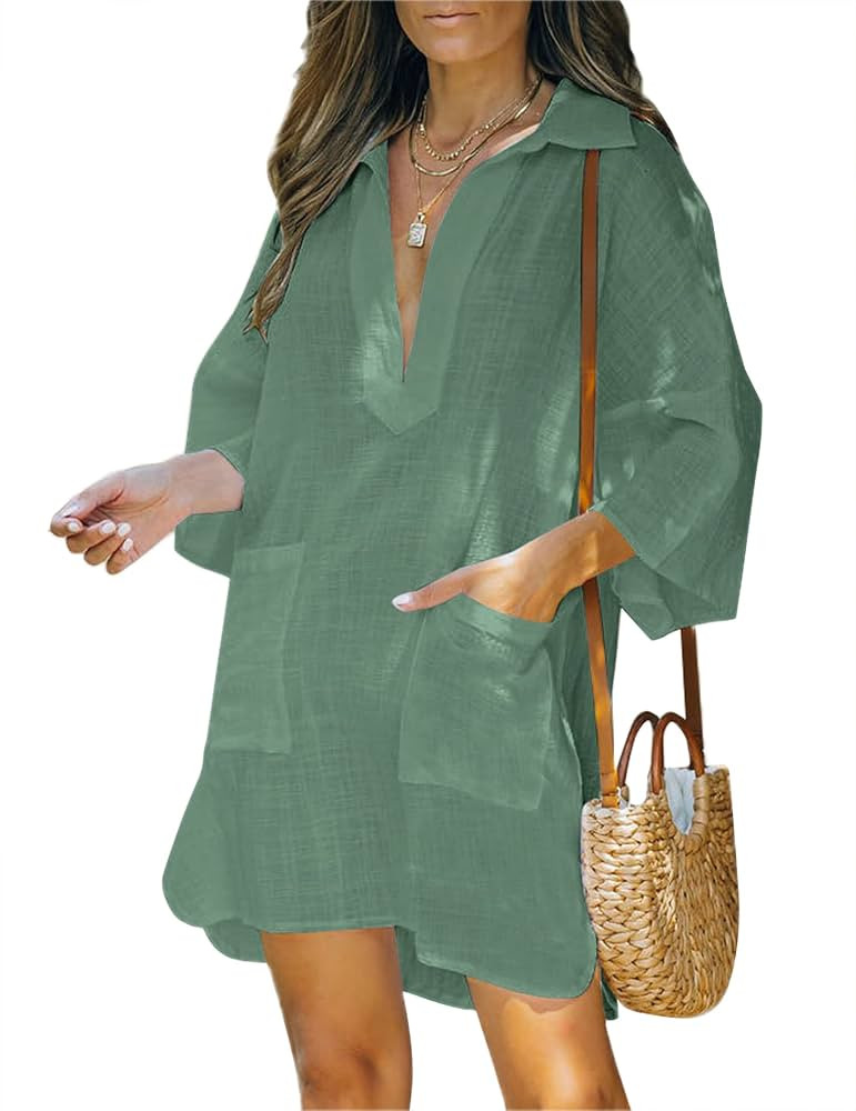 AI'MAGE Women Cover Up Deep V Neck Linen/Chiffon Shirts Loose Beachwear Half Sleeve Tunics Tops B... | Amazon (US)