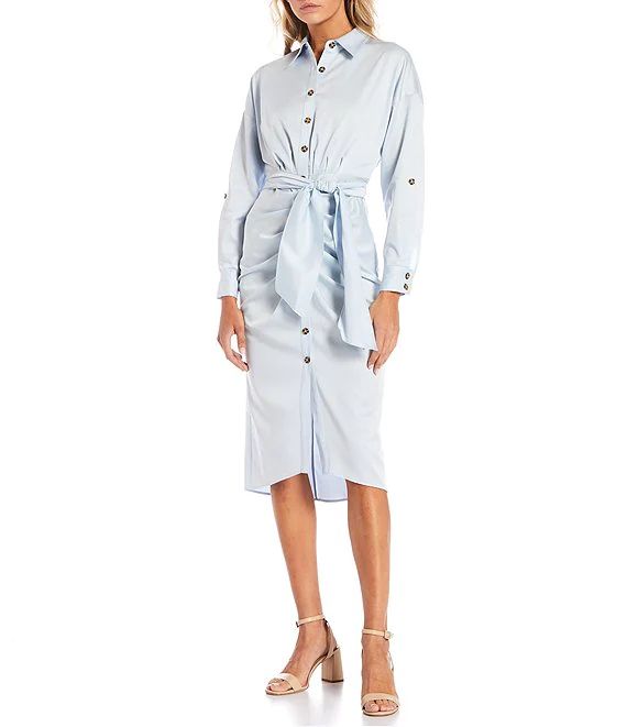 Roxanne Point Collar Long Sleeve Ruched Tie Waist Button Front Midi Shirt Dress | Dillards