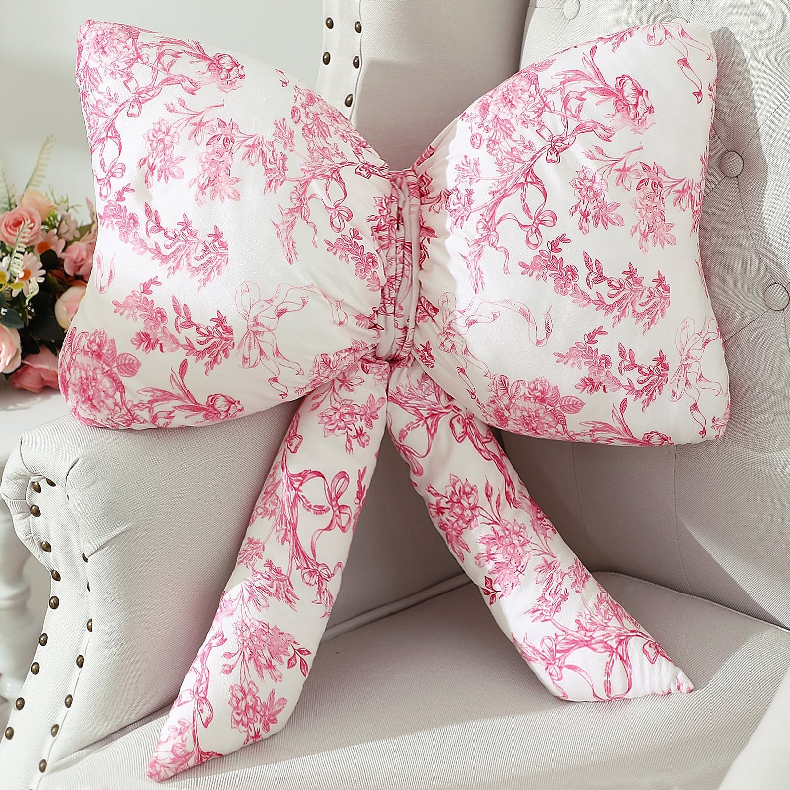 Bow Shaped Throw Pillow 24 Inch Large Pink and White Chinoiserie Floral Pillow Decorative Coquett... | Amazon (US)