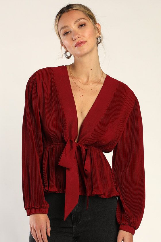 Sweet Victory Wine Red Pleated Tie-Front Peplum Top | Lulus (US)