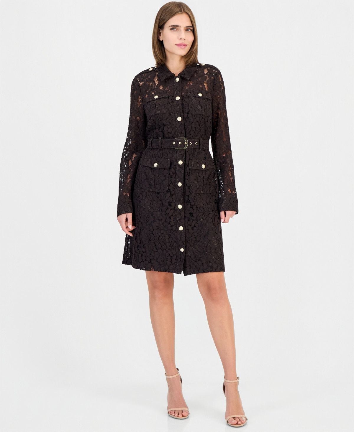 Tahari Asl Women's Long-Sleeve Lace Shirt Dress - Espresso | Macy's