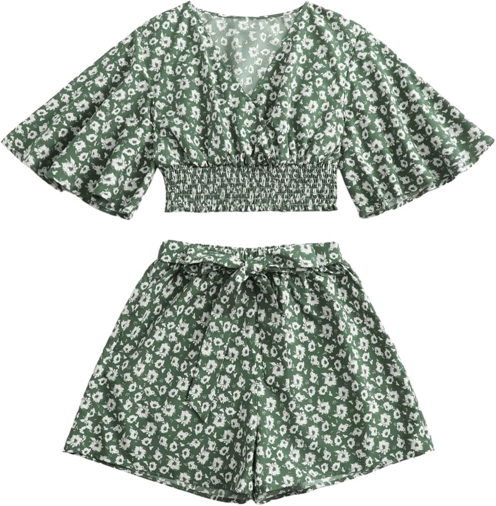 SweatyRocks Women's 2 Piece Boho Floral Print Crop Cami Top with Shorts Set | Amazon (US)