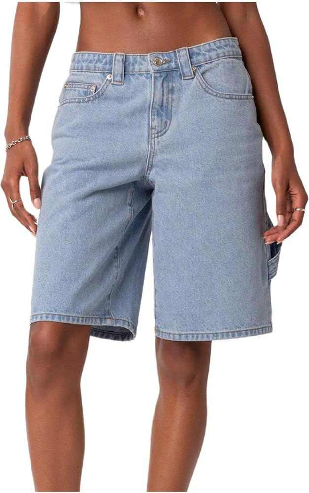 Women Y2K Baggy Denim Shorts Loose Mid Rise Cargo Long Jean Shorts Summer Wide Leg Distressed Car... | Amazon (US)