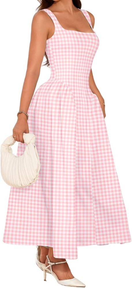 Plaid Maxi Dress, A-Line Drop-Waist, Wedding Guest Tea Party, Pastel Gingham Square Neck Flowy Se... | Amazon (US)