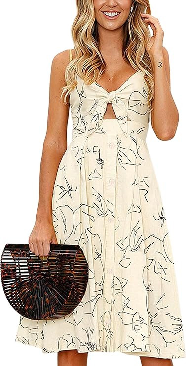 ECOWISH Women Dresses Summer Tie Front V-Neck Spaghetti Strap Button Down A-Line Backless Swing M... | Amazon (US)