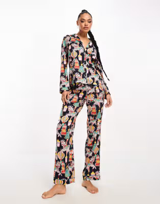 Chelsea Peers Christmas satin long sleeve top and pants pajama set in multi print | ASOS (Global)