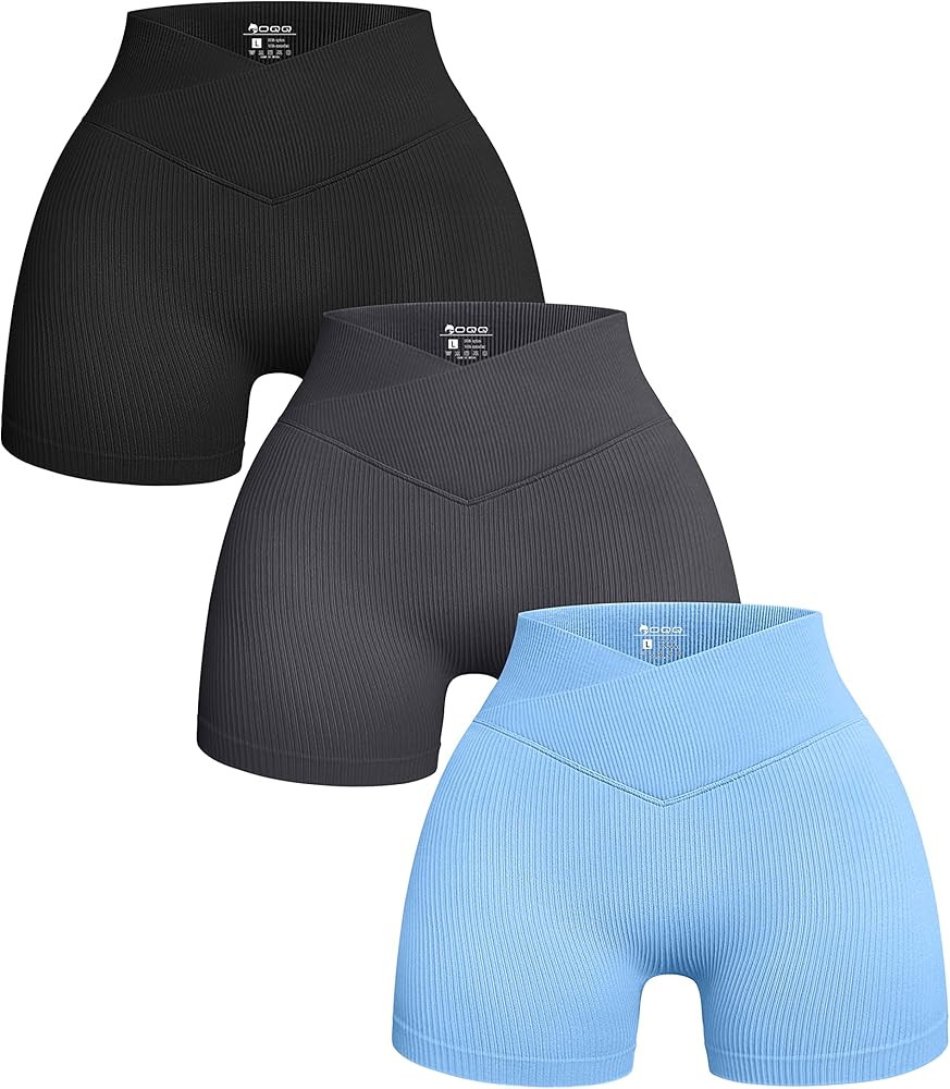 OQQ Women's 3 Piece Yoga Shorts Ribbed Seamless Workout High Waist Cross Over Athletic Leggings | Amazon (US)