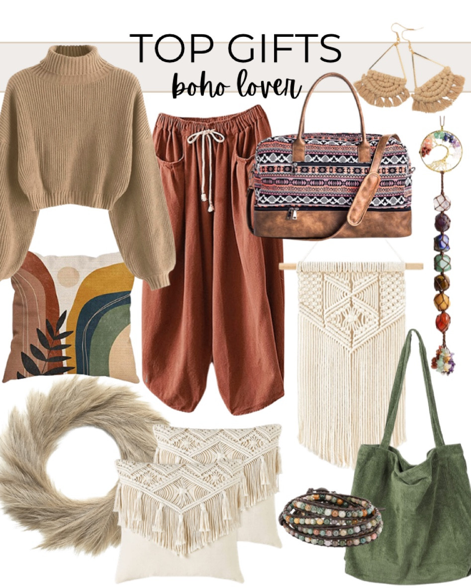 Top boho gifts include green tote bag, macrame wall hanging, healing crystals wall hanging, duffle bag, fringe earrings, linen pants, neutral bubble sleeve sweatshirt, abstract throw pillow, pampas wreath, macrame throw pillows, and beaded bracelet.

Boho gifts, gifts for her, gift guide, hippie gifts, Christmas gifts

#LTKstyletip #LTKunder100 #LTKitbag