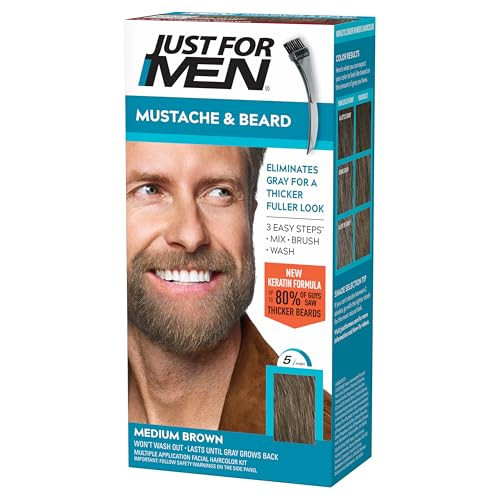 Just For Men Mustache & Beard, Beard Coloring for Gray Hair with Brush, with Keratin Biotin Aloe and Coconut Oil for Healthy Facial Hair - Medium Brown, M-35, Pack of 1 (Packaging May Vary) | Amazon (US)