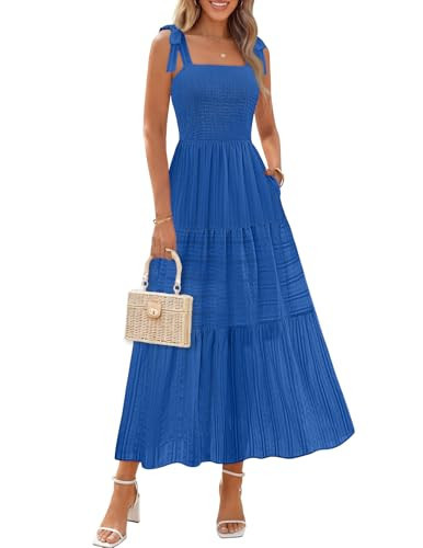 MEROKEETY Women's 2026 Summer Boho Midi Maxi Dress Beach Vacation Casual Sleeveless Smocked A Line Sundress with Pockets, RoyalBlue, Medium | Amazon (US)