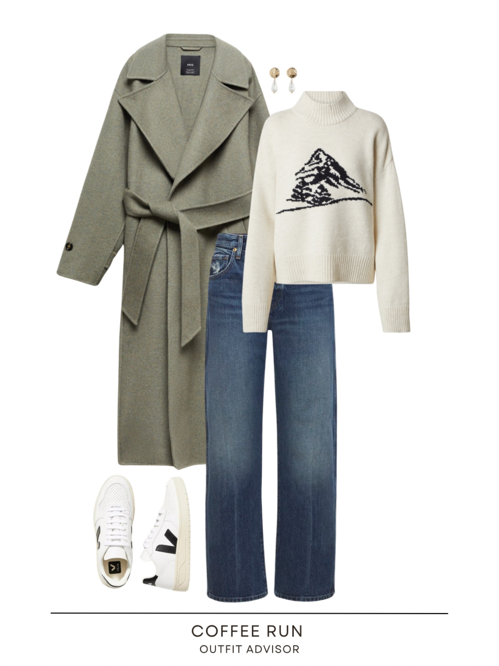Cozy winter outfit idea: a green belted coat, a beige turtleneck jumper from about you, denim jeans, veja sneakers & gold pear earrings 

#LTKSeasonal #LTKHoliday #LTKstyletip