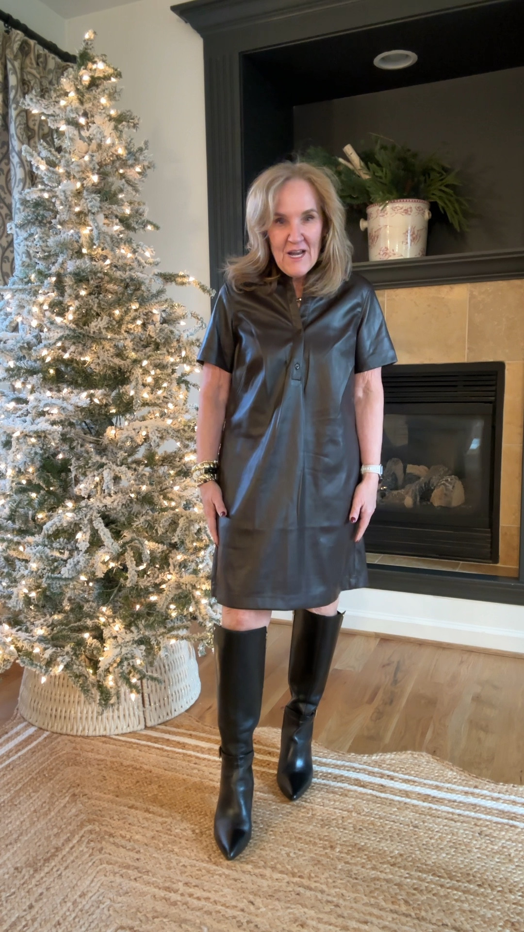 Full leather dress under $50 at Nordstrom rack. You could wear as is or you could layer a black turtleneck, a striped tea or a white button down underneath. Or Leyer a blazer or a cardigan over the top.
I am wearing size large, that’s my larger size 

Black tall boots are very comfortable. I do size up a half to accommodate the pointed toe.  Really nice leather boot.

DSW Nordstrom rack, anthropologie anthropologie style

#LTKWorkwear #LTKFindsUnder100 #LTKOver40