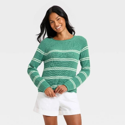 Women's Knit Pullover Sweater - A New Day™ Green/Cream Striped S | Target