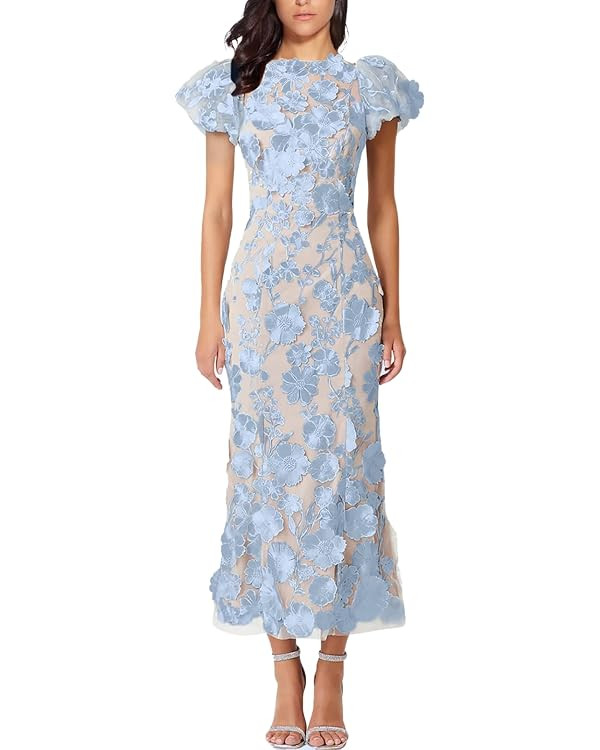 Women's 3D Floral Embroidery Dress Ruffle Sleeve Fishtail Lace Bodycon Party Cocktail Mini Dress | Amazon (US)