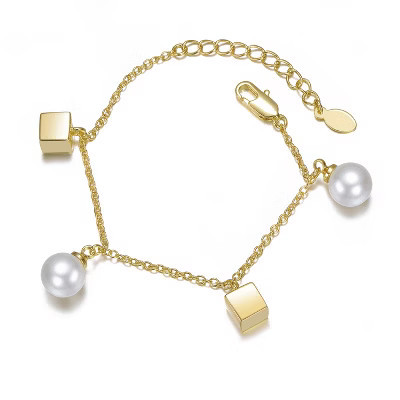 Guili Kids' 14k Gold Plated Bracelet with Cubed Charms and Pearls, Featuring a Classic Link Style for a Trendy Touch | Target