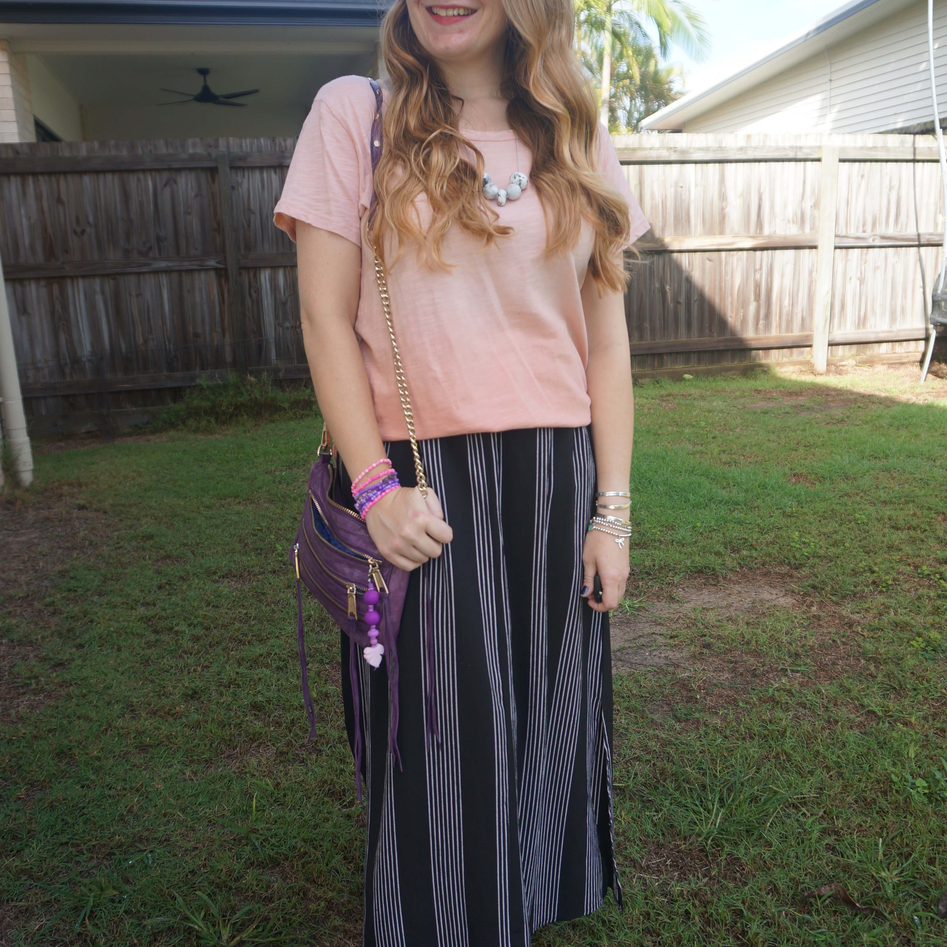 Ombre pink tee with thrifted vertical stripe maxi skirt and purple Rebecca Minkoff mini 5-zip bag again 💜

#LTKaustralia #LTKautumn #LTKbag