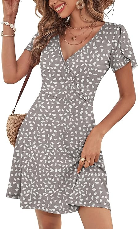 ANRABESS Womens Summer Dresses Short Sleeve Wrap V Neck A-Line Floral Mini Dress Causal Flowy Boh... | Amazon (US)