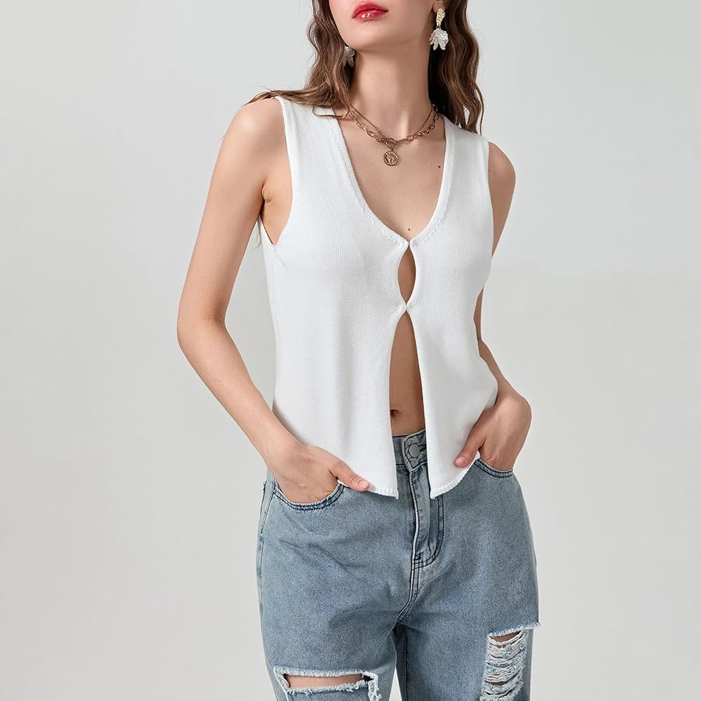 Women Y2k Crochet Vest Top Vintage Solid Color V Neck Sleeveless | Amazon (US)