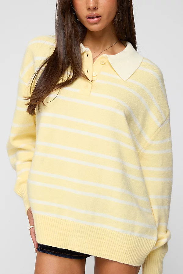 Edikted Rilynn Striped Polo Sweater in Yellow/And/White, Women's at Urban Outfitters | Urban Outfitters (US and RoW)
