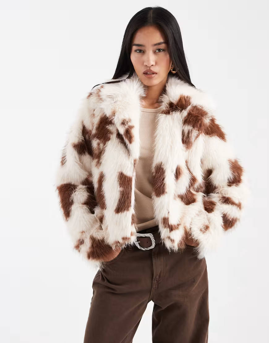 ONLY cow print faux fur short jacket in brown | ASOS (Global)
