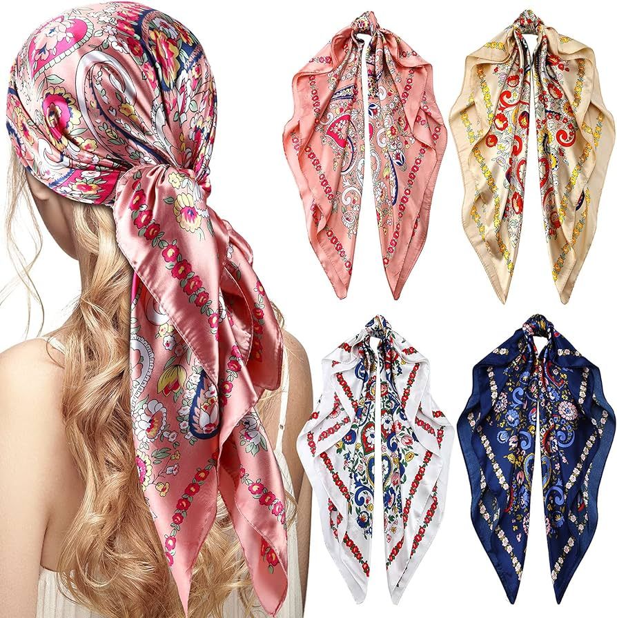 Honoson 4 Pieces 35 Inch Satin Head Scarves Large Square Silky Feeling Headband Satin Boho Hair B... | Amazon (US)