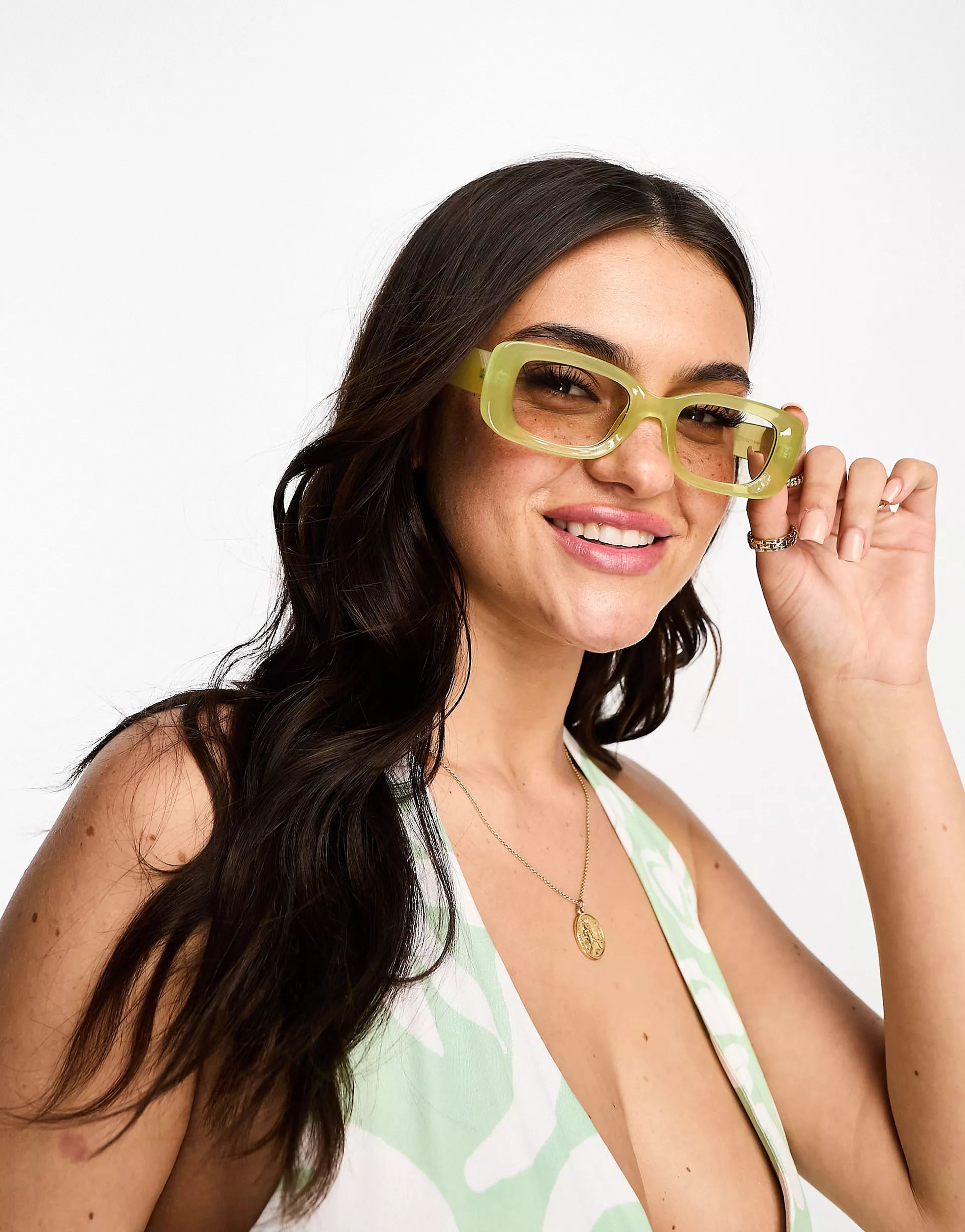 Pieces clear rectangle sunglasses in lime | ASOS (Global)