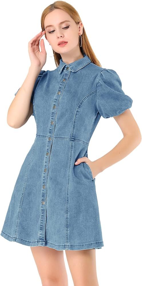 Allegra K Women's Denim Dress Button Down Pockets Puff Sleeve Collared Jean Dresses | Amazon (US)